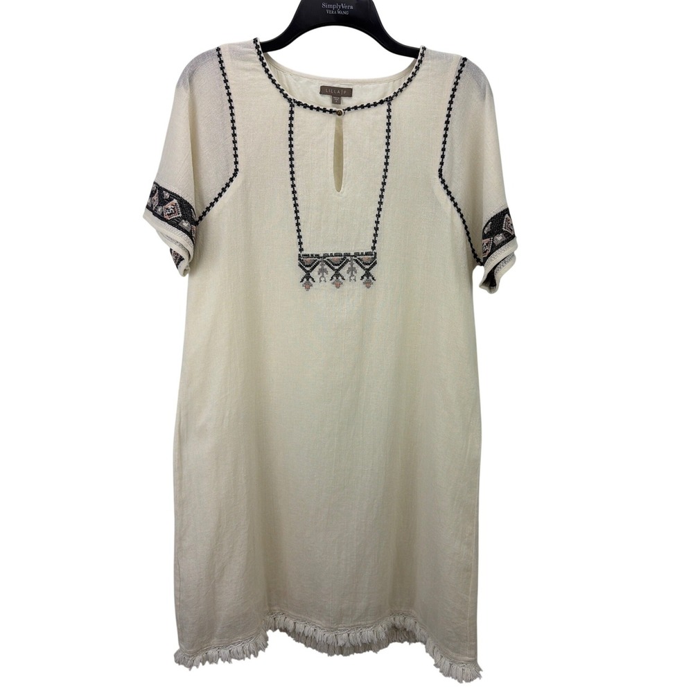 Lilla P Cotton‎ Gauze Embroidered Fringe Hem Shift Dress Small Boho Western